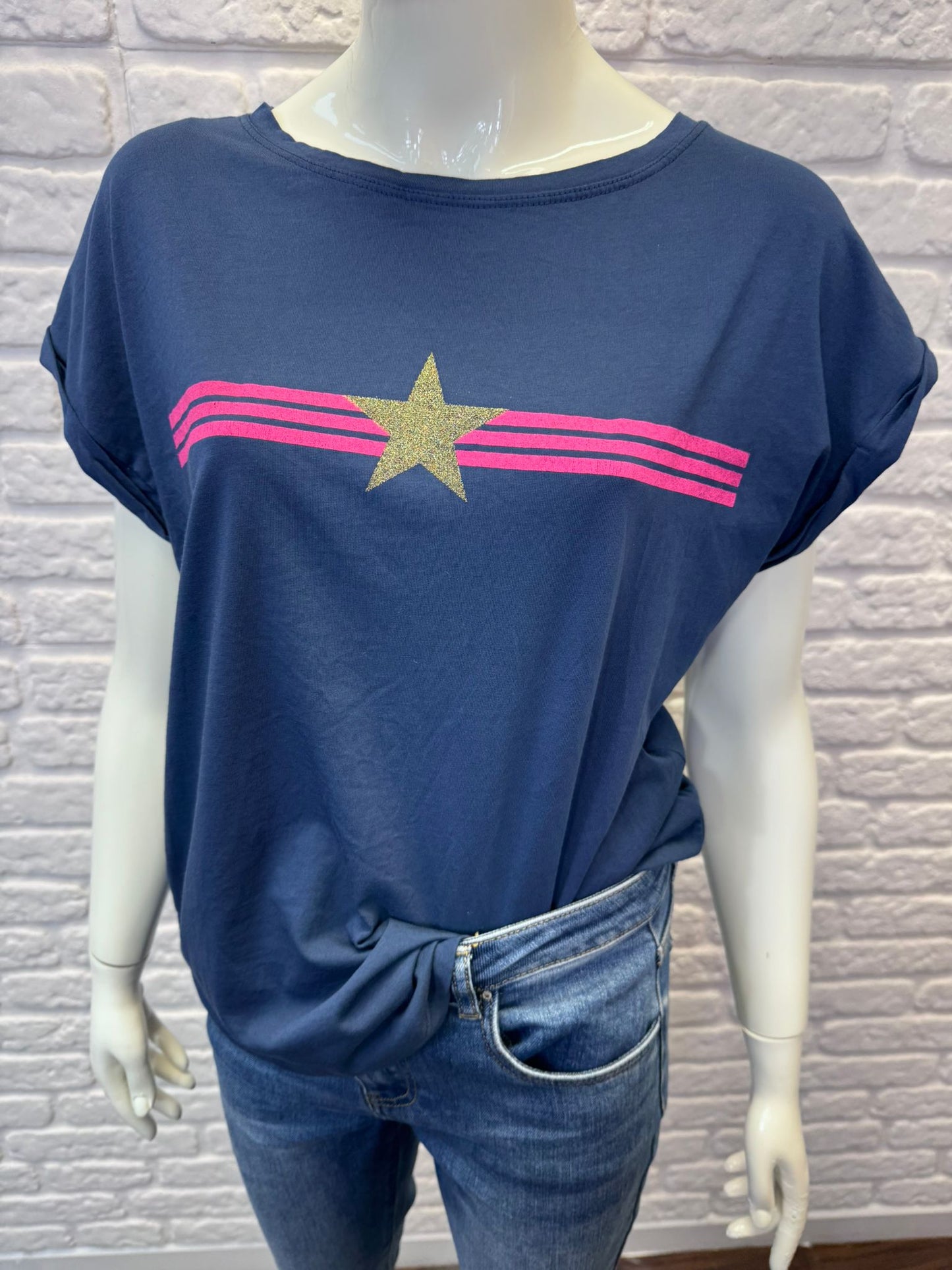 Khaki With Pink Stripe & Star T Shirt