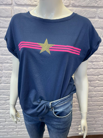 Khaki With Pink Stripe & Star T Shirt