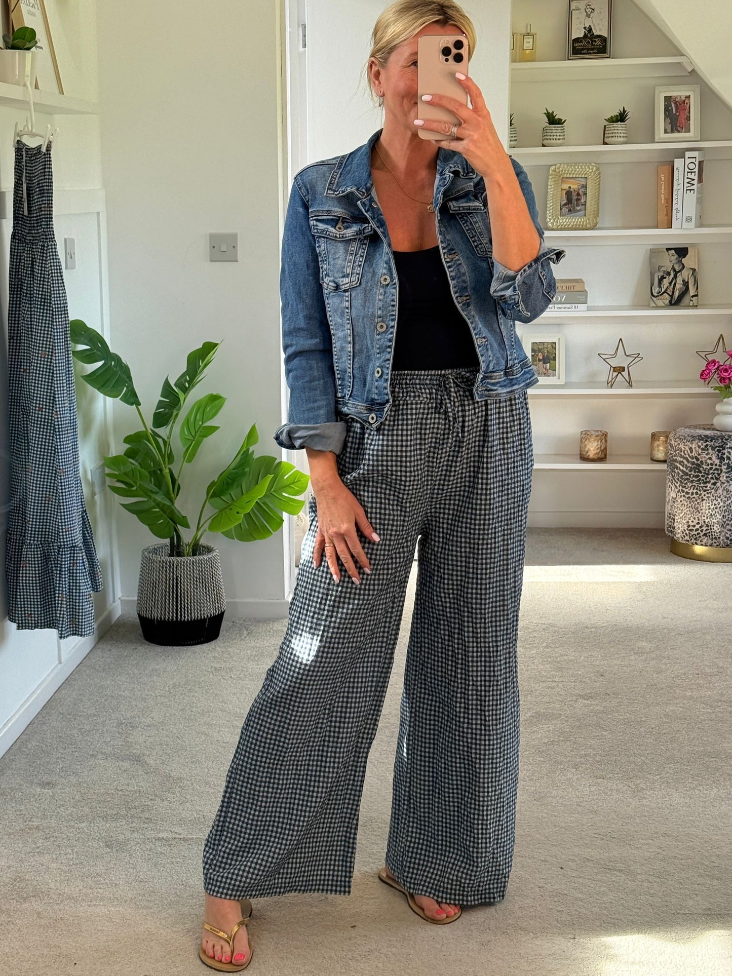 Navy Gingham Wide leg Trousers
