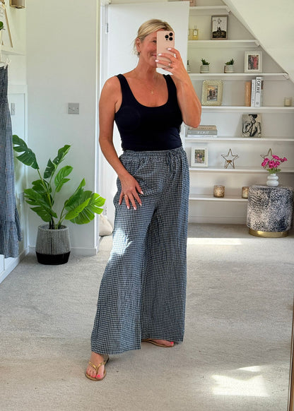 Navy Gingham Wide leg Trousers