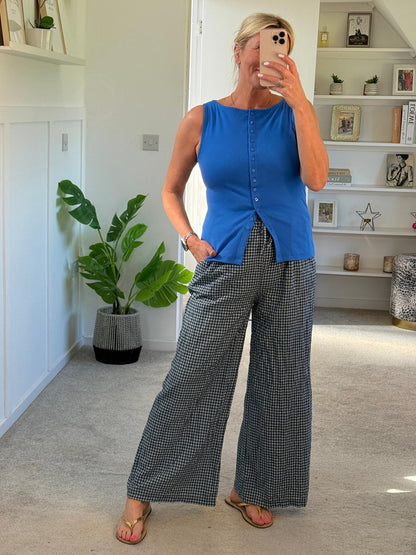 Navy Gingham Wide leg Trousers