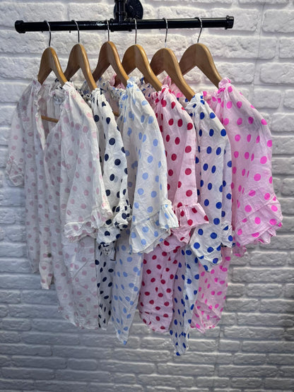 Royal Blue Polka Dot Frill Sleeve Blouse