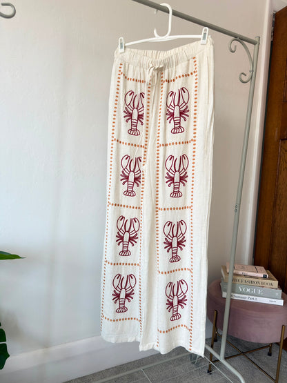 Oatmeal 🦞 Lobster Embroidered Cotton Trousers