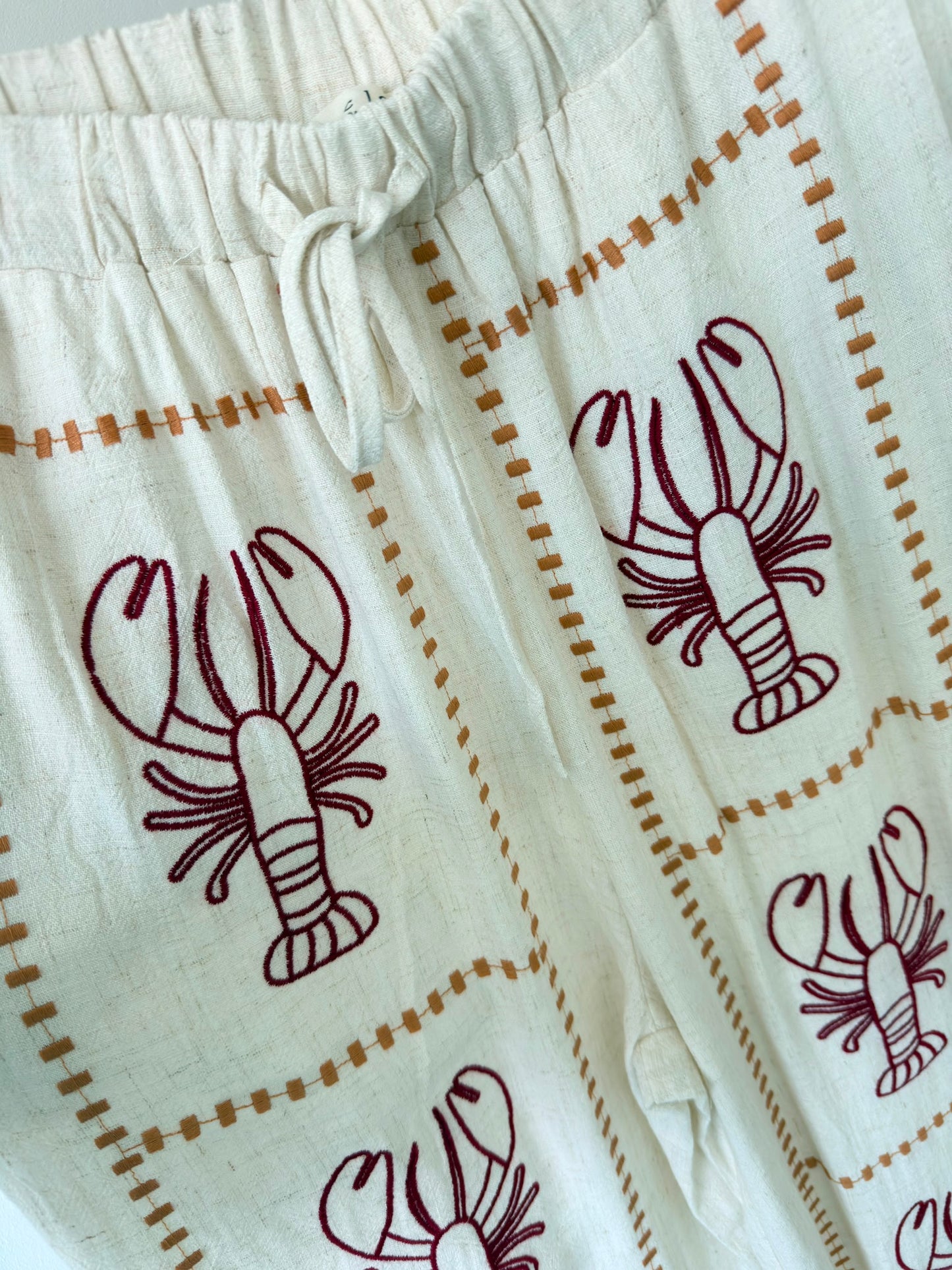 Oatmeal 🦞 Lobster Embroidered Cotton Trousers