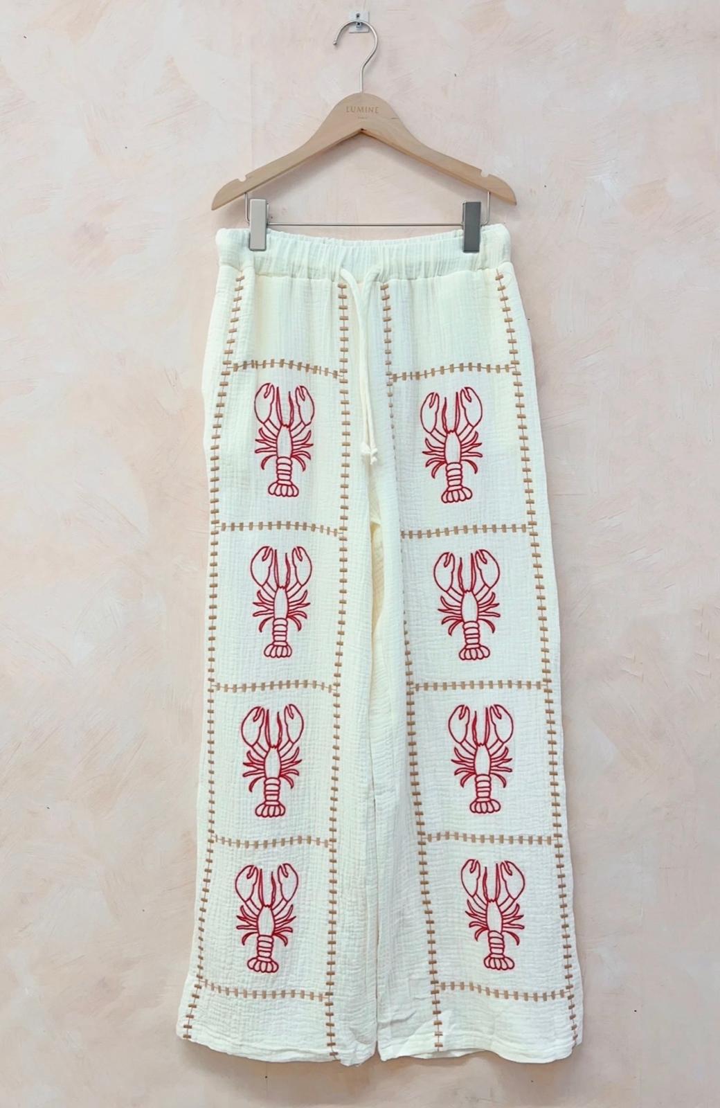 Oatmeal 🦞 Lobster Embroidered Cotton Trousers