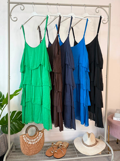 Black Silk Mix Strappy Frill Dress