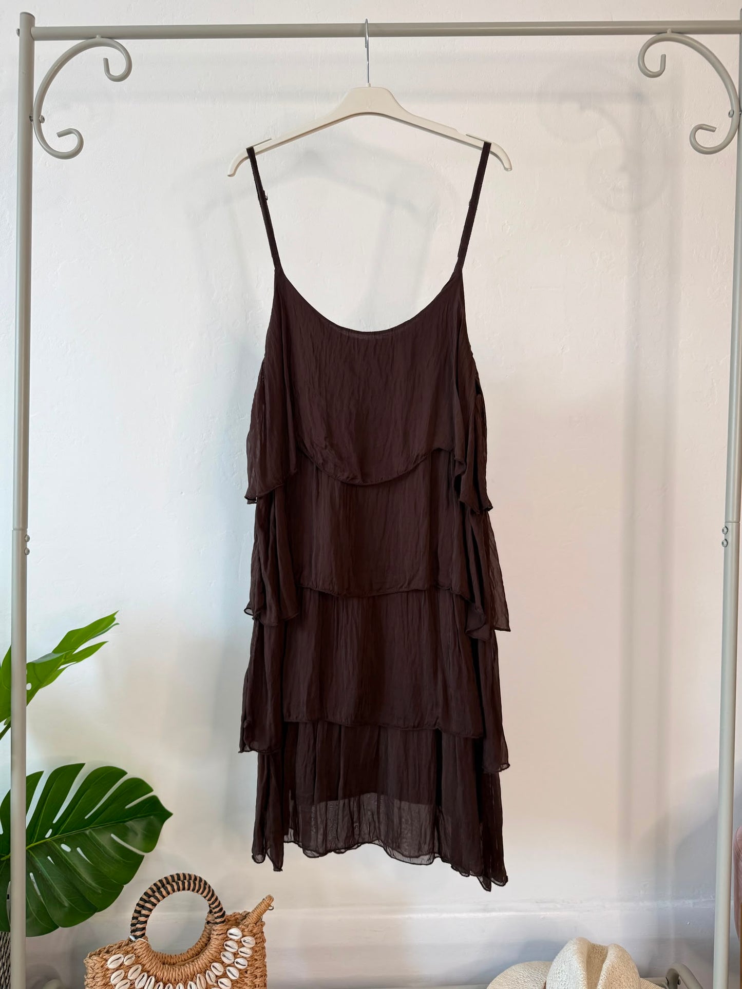 Black Silk Mix Strappy Frill Dress