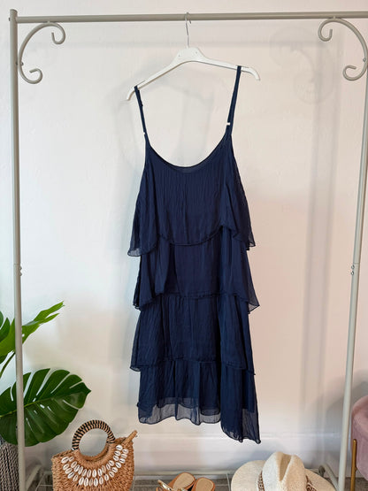 Black Silk Mix Strappy Frill Dress