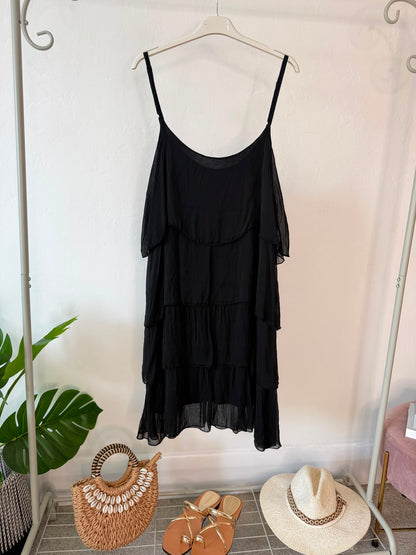 Black Silk Mix Strappy Frill Dress