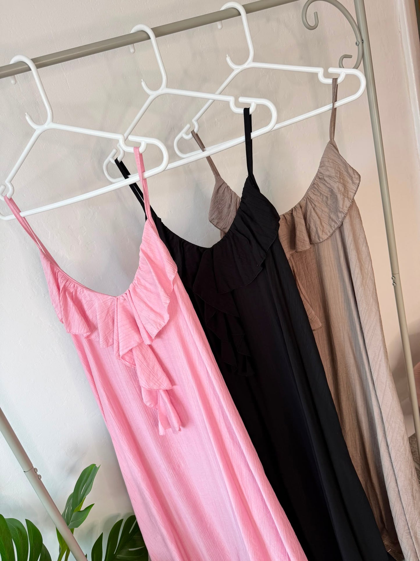 Mocha Ruffle Front Strappy Maxi Dress