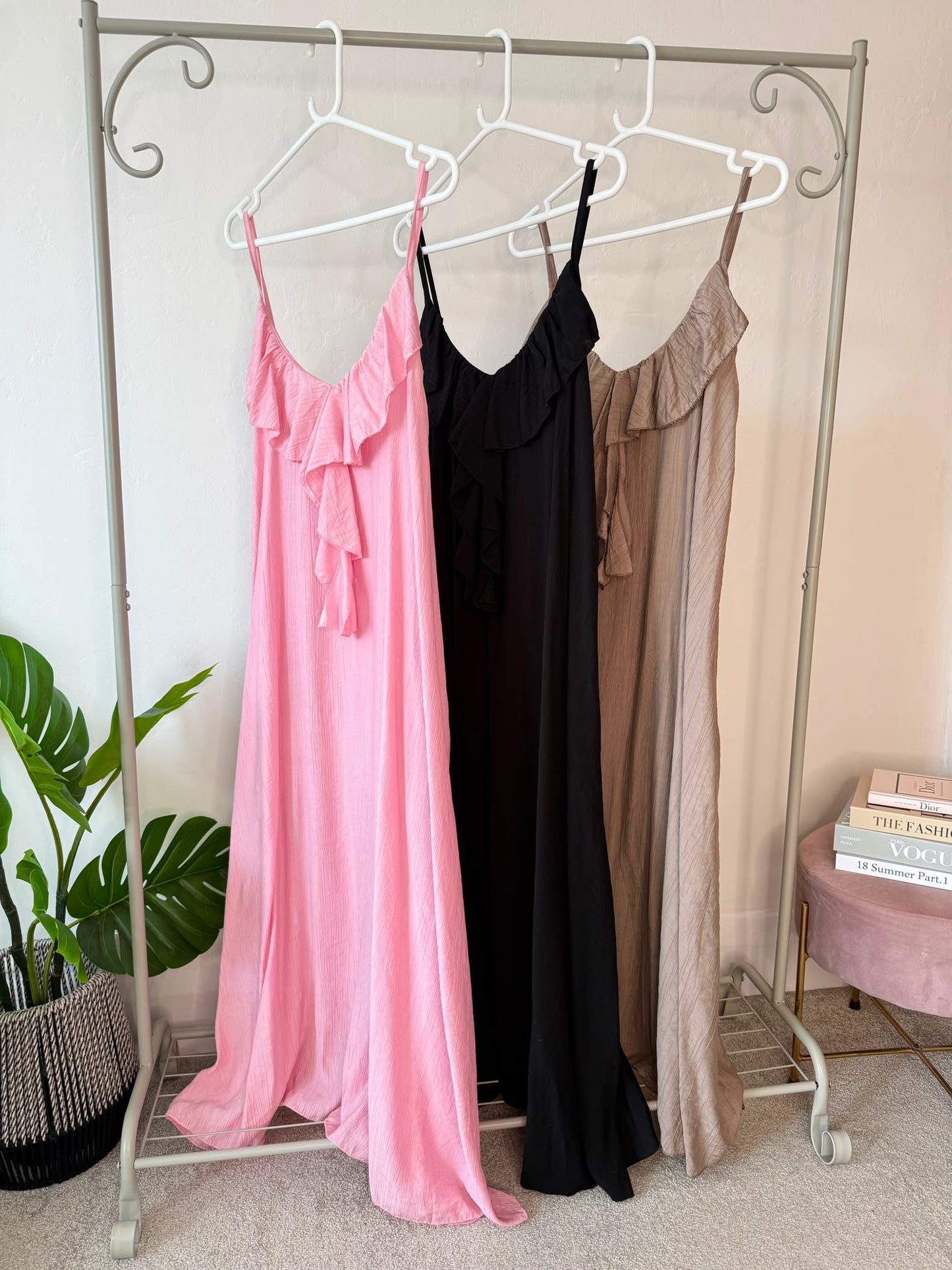 Mocha Ruffle Front Strappy Maxi Dress