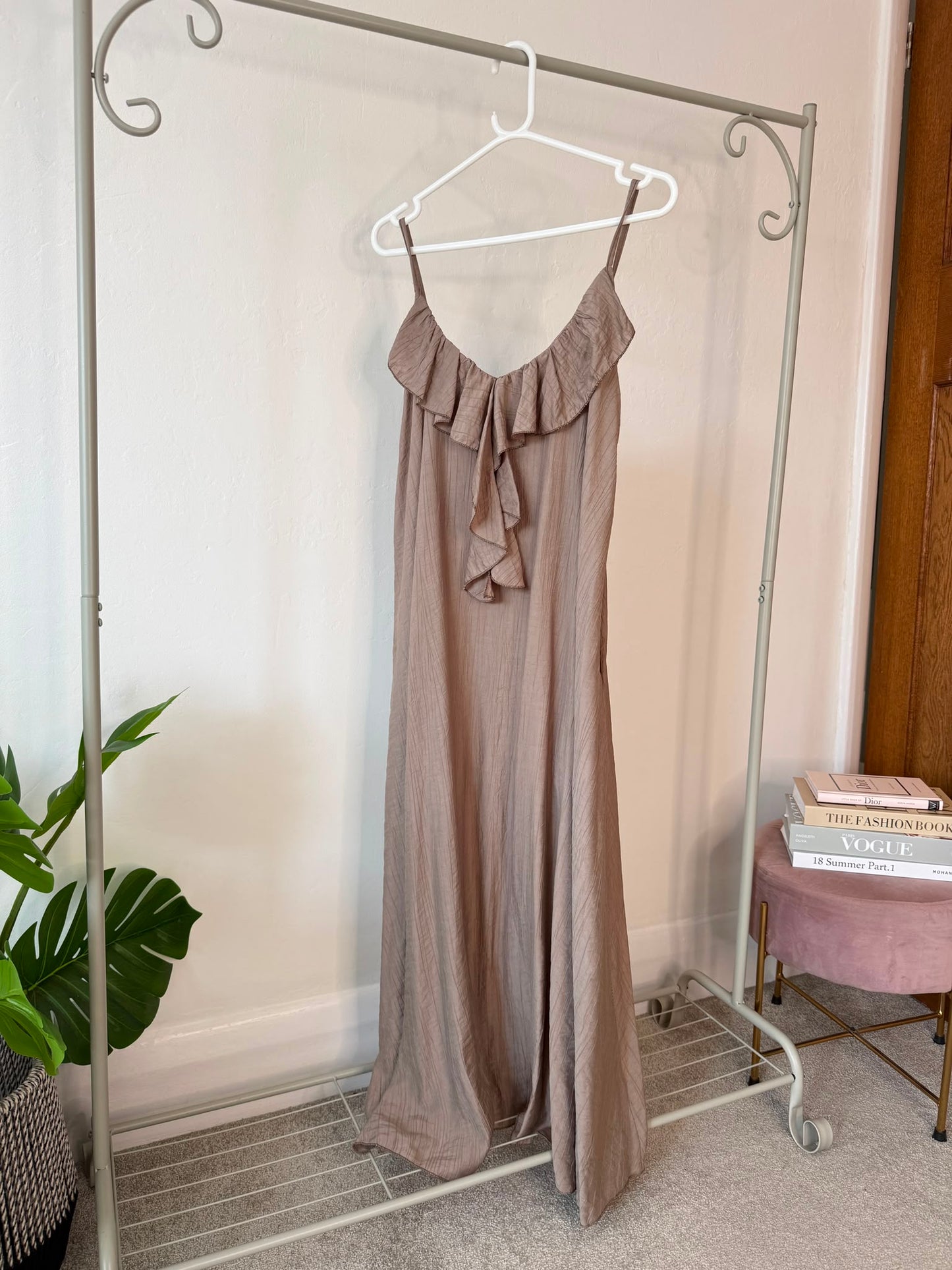 Mocha Ruffle Front Strappy Maxi Dress