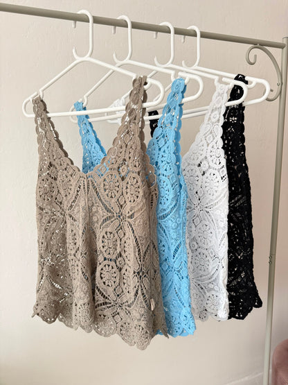 Mocha Cotton Crochet V-Neck Vest Top