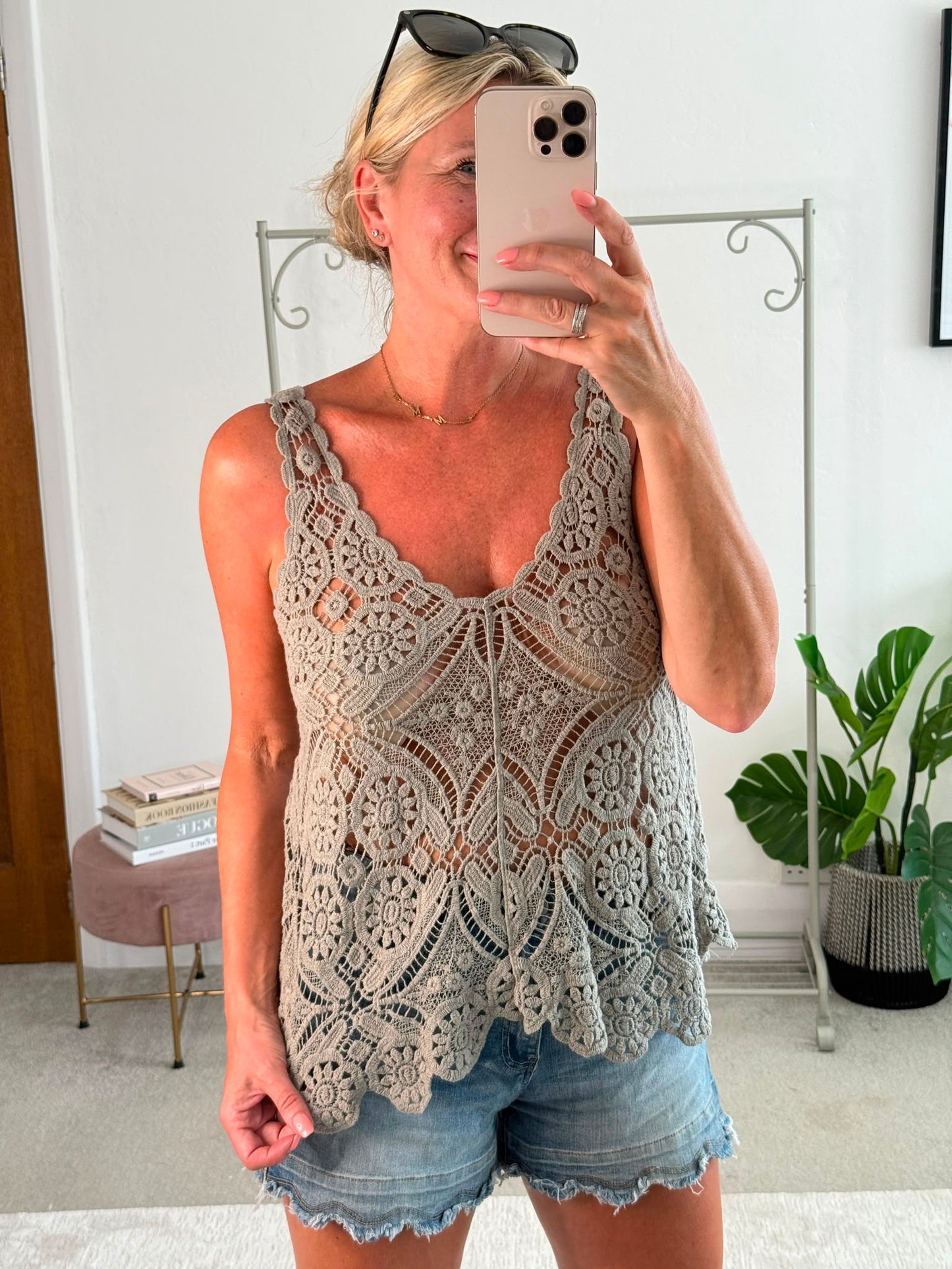 Mocha Cotton Crochet V-Neck Vest Top