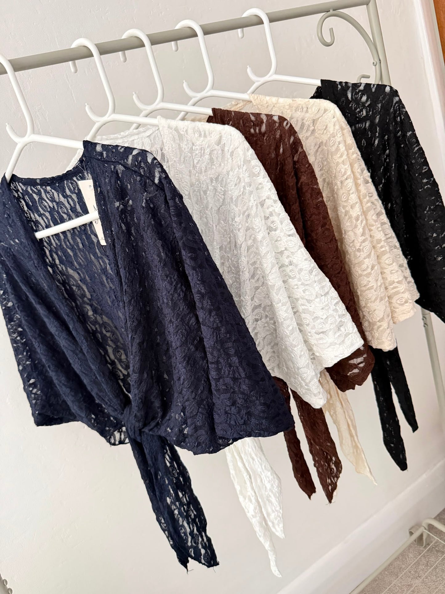 White Lace Tie Front Bolero Cardigan