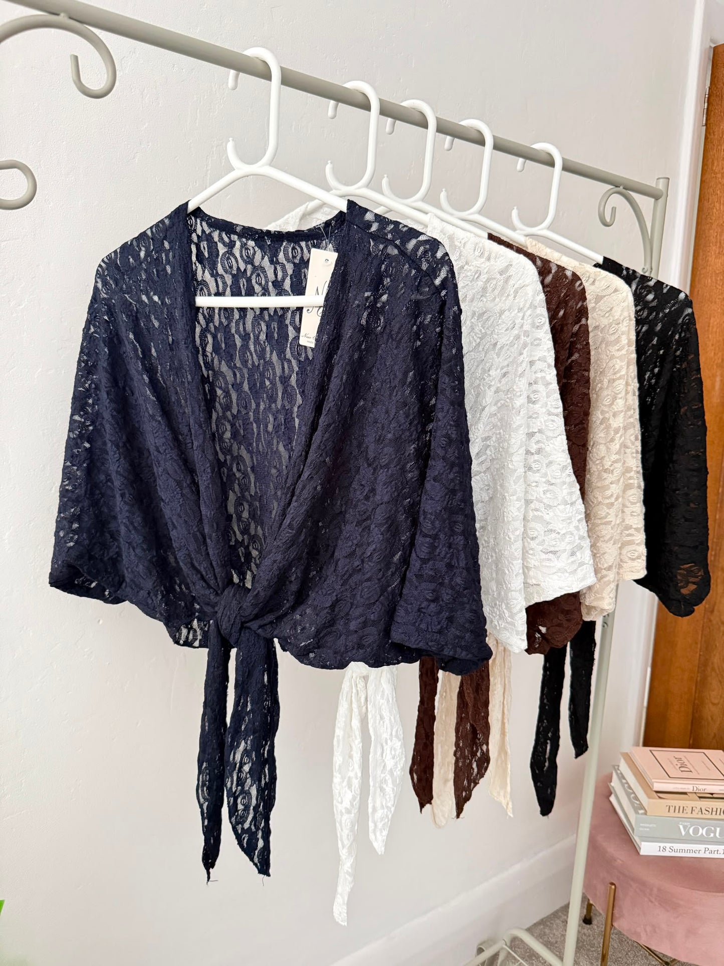 White Lace Tie Front Bolero Cardigan