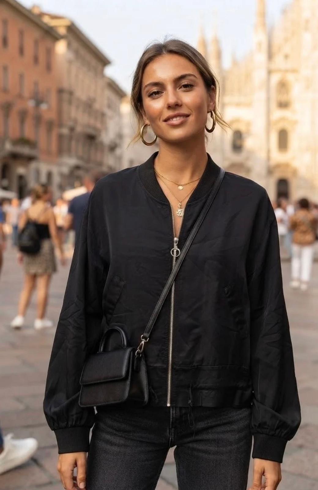 Black Satin Drawstring Bomber Jacket