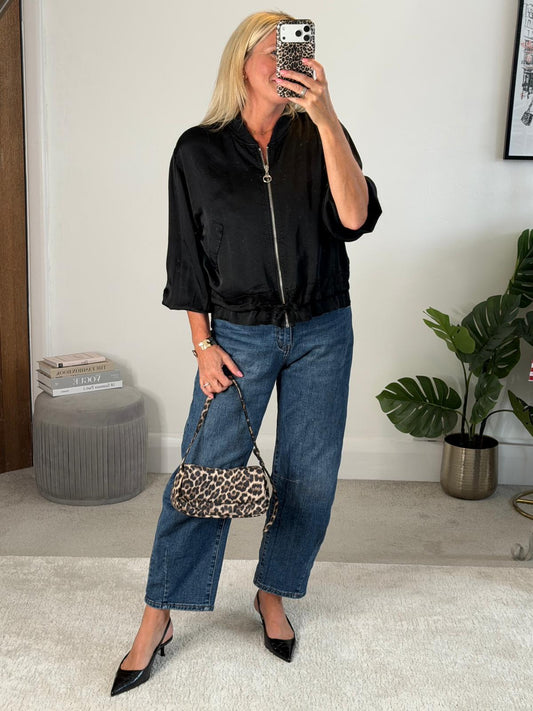 Black Satin Drawstring Bomber Jacket