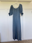 Light Blue Washed Linen Shirred Midi Dress