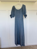 Light Blue Washed Linen Shirred Midi Dress