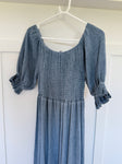 Light Blue Washed Linen Shirred Midi Dress