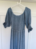 Light Blue Washed Linen Shirred Midi Dress