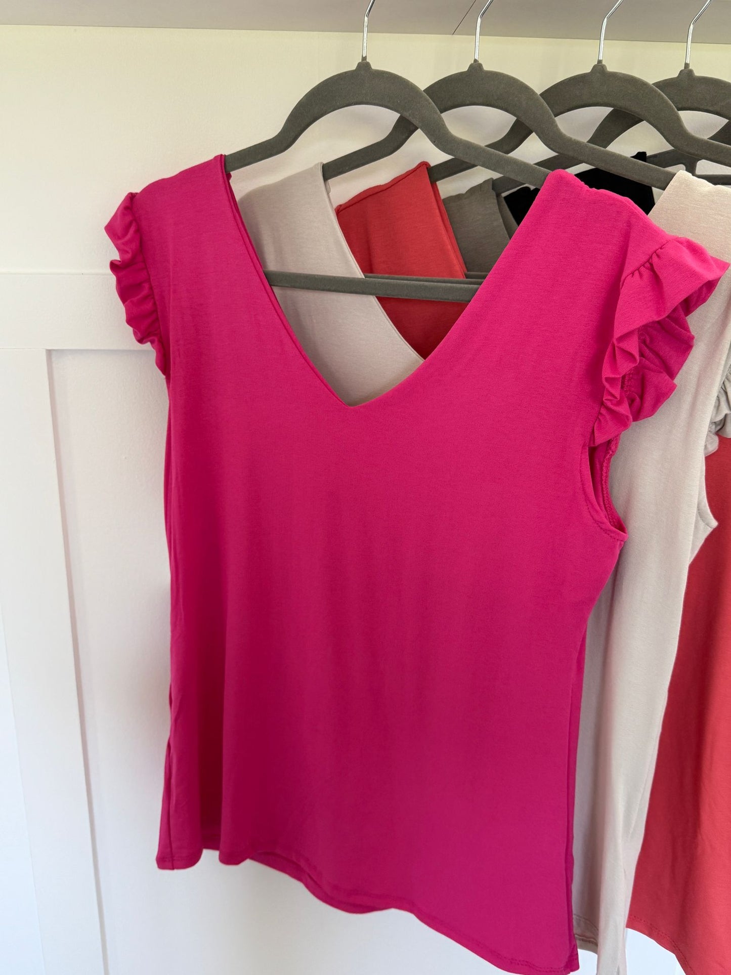 Frill Sleeve V Basic T Shirt | Lots of Colours