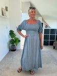 Light Blue Washed Linen Shirred Midi Dress