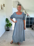 Light Blue Washed Linen Shirred Midi Dress