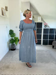 Light Blue Washed Linen Shirred Midi Dress