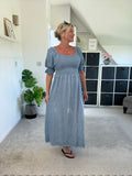 Light Blue Washed Linen Shirred Midi Dress