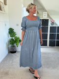 Light Blue Washed Linen Shirred Midi Dress