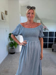 Light Blue Washed Linen Shirred Midi Dress