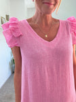 Mocha Washed Linen Frill Sleeve V-Neck Dress