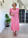 Mocha Washed Linen Frill Sleeve V-Neck Dress