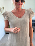 Mocha Washed Linen Frill Sleeve V-Neck Dress