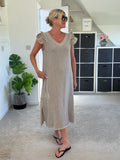 Mocha Washed Linen Frill Sleeve V-Neck Dress