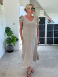 Mocha Washed Linen Frill Sleeve V-Neck Dress