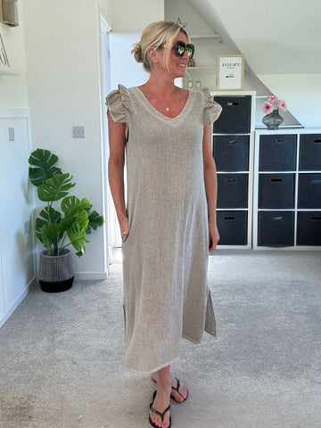 Mocha Washed Linen Frill Sleeve V-Neck Dress