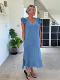 Mocha Washed Linen Frill Sleeve V-Neck Dress