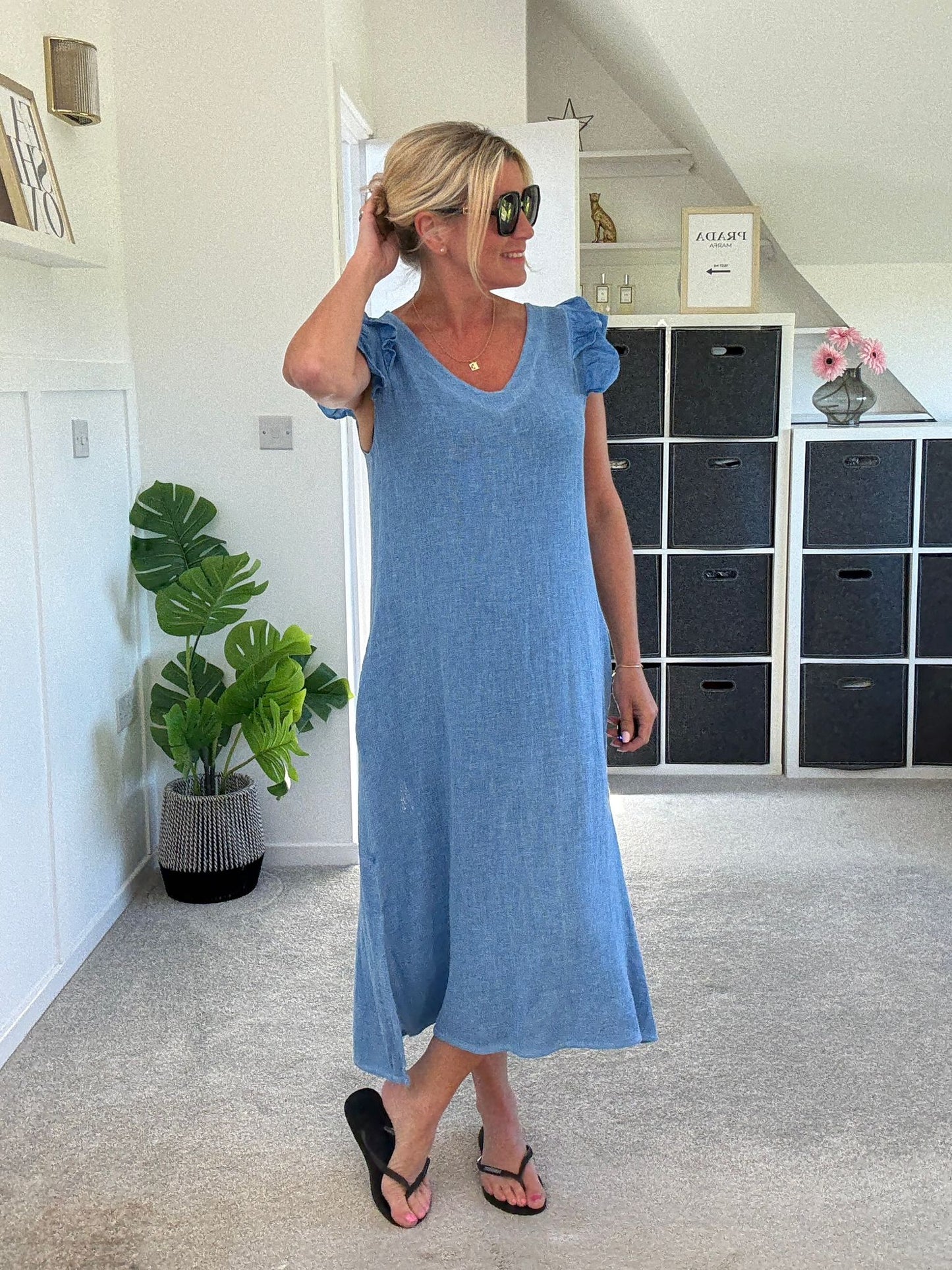 Mocha Washed Linen Frill Sleeve V-Neck Dress