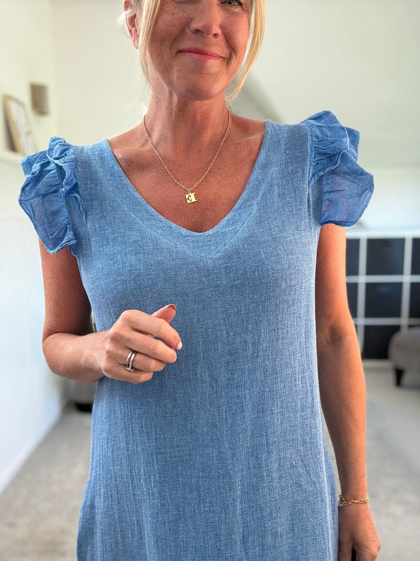 Mocha Washed Linen Frill Sleeve V-Neck Dress
