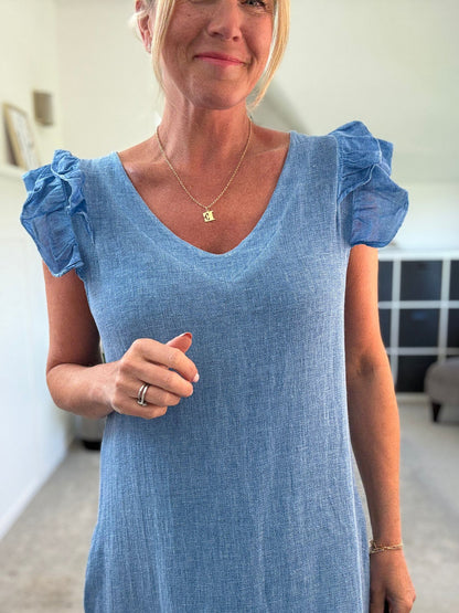 Mocha Washed Linen Frill Sleeve V-Neck Dress