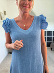 Mocha Washed Linen Frill Sleeve V-Neck Dress