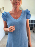Mocha Washed Linen Frill Sleeve V-Neck Dress