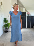 Mocha Washed Linen Frill Sleeve V-Neck Dress