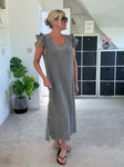 Mocha Washed Linen Frill Sleeve V-Neck Dress
