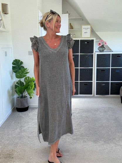 Mocha Washed Linen Frill Sleeve V-Neck Dress