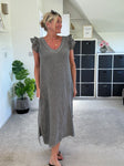 Mocha Washed Linen Frill Sleeve V-Neck Dress