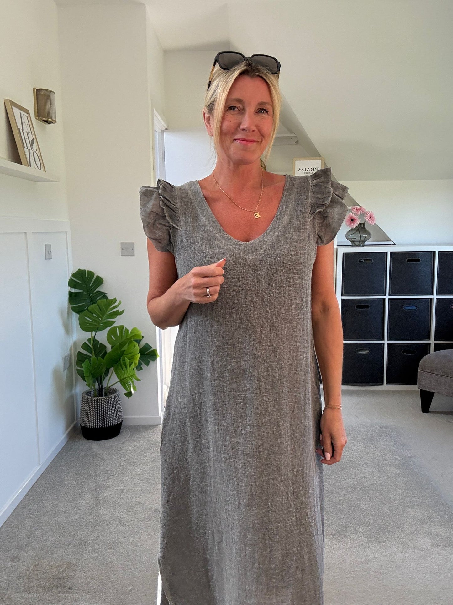 Mocha Washed Linen Frill Sleeve V-Neck Dress